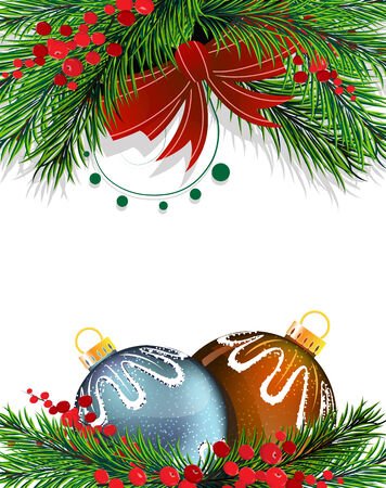 Christmas baubles with bow and fir tree branches on white backgroundのイラスト素材