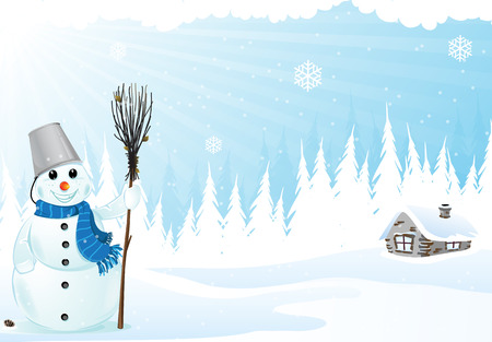 Brick hut and snowman with a broom in a pine forest . のイラスト素材