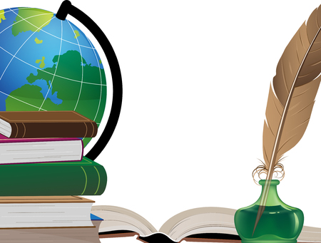Old books, globe, feather and inkwell on a white backgroundのイラスト素材