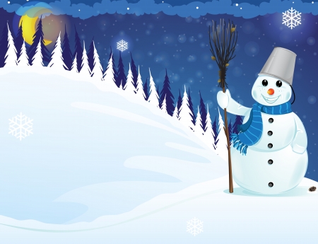 Snowman with a broom in the snowy woods. Winter Night Sceneのイラスト素材