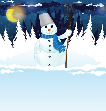 Snowman with a broom in the snowy woods. Winter Night Sceneのイラスト素材