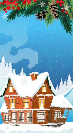 Brick cottage with a smoking chimney among pine wood and mountains.  Idyllic winter scene.のイラスト素材