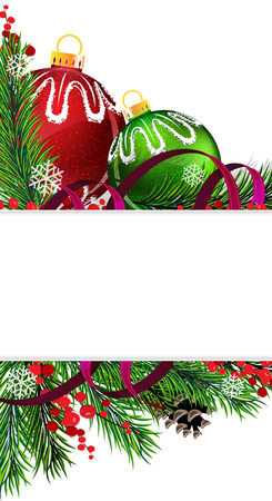 Christmas baubles with ribbon and fir tree branches on white backgroundのイラスト素材