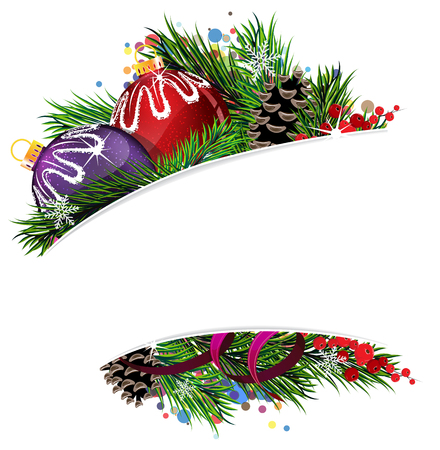 Christmas baubles with ribbon and fir tree branches on white backgroundのイラスト素材