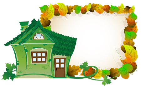 House with tiled roof on background of autumn leavesのイラスト素材