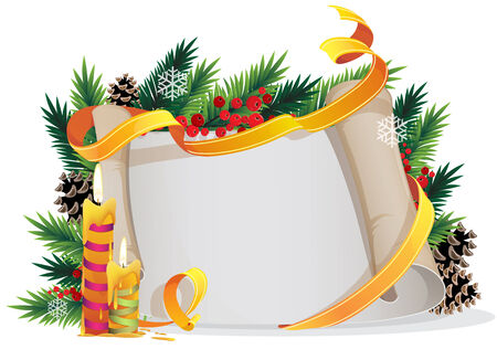 Christmas wreath with burning candles, parchment and  red berries on a white backgroundのイラスト素材
