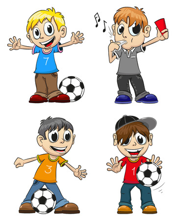 Boys playing with the ball and the referee with a whistle. Funny cartoon characters on a white background.のイラスト素材