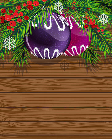 Christmas fir tree, baubles and red berries on wooden board.のイラスト素材
