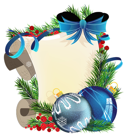 Christmas wreath with blue baubles,  parchment and red berries on a white backgroundのイラスト素材