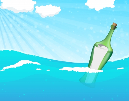 Bottle with help message floating in the ocean wavesのイラスト素材