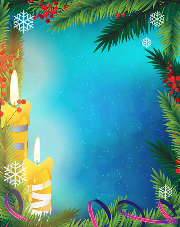 Red winter berries, ribbon, burning candles and fir branches on blue backgroundのイラスト素材