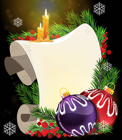 Christmas wreath with  baubles,  parchment, candles and berries on a black backgroundのイラスト素材