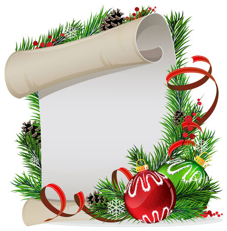 Christmas wreath with green and red baubles,  parchment and berries on a white backgroundのイラスト素材