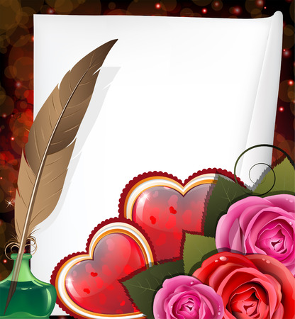Shining hearts with roses, parchment, inkwell and feather. Valentines Day card.のイラスト素材