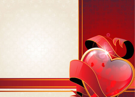 Sparkling Valentine heart with curled ribbon on a beige and red background のイラスト素材