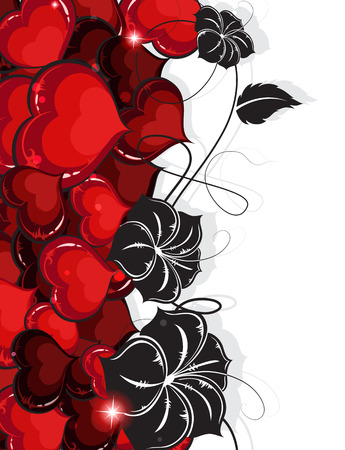 Red hearts and  black flowers silhouettes on white background. Valentines Day retro patternのイラスト素材