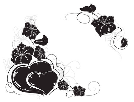 Hearts and flowers black silhouettes on white background. Valentines Day retro patternのイラスト素材