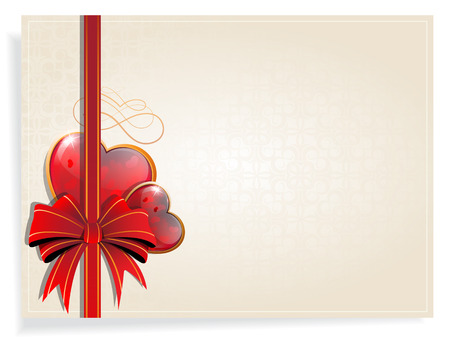 Sparkling Valentine hearts with bow and ribbon on a beige background. のイラスト素材