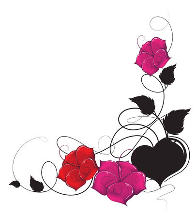 Black heart and red flowers on white background. のイラスト素材