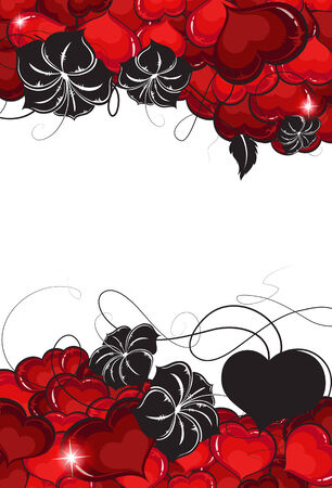 Red hearts and  black flowers silhouettes on white background. Valentines Day retro patternのイラスト素材