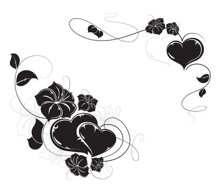 Hearts and flowers black silhouettes on white . Valentines Day retro patternのイラスト素材