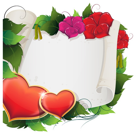 Valentine hearts, flowers and parchment on a white backgroundのイラスト素材