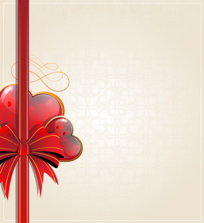Sparkling Valentine hearts with bow and ribbon on a beige background のイラスト素材