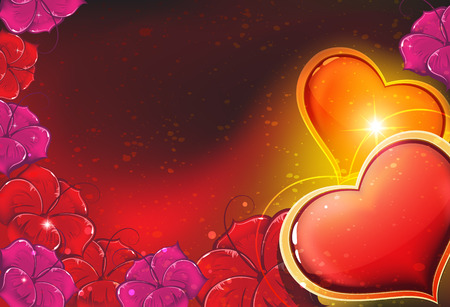  Valentines Day card with hearts and flowers on abstract red background   のイラスト素材