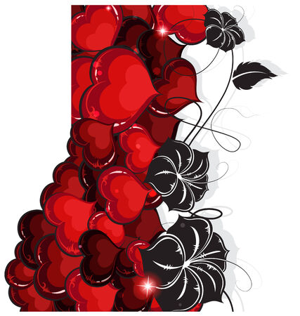 Red hearts and  black flowers silhouettes on white background. Valentines Day retro patternのイラスト素材