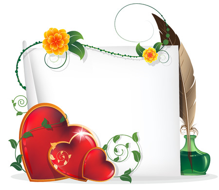 Shining hearts with floral pattern, parchment, inkwell and feather. Valentines Day card.のイラスト素材