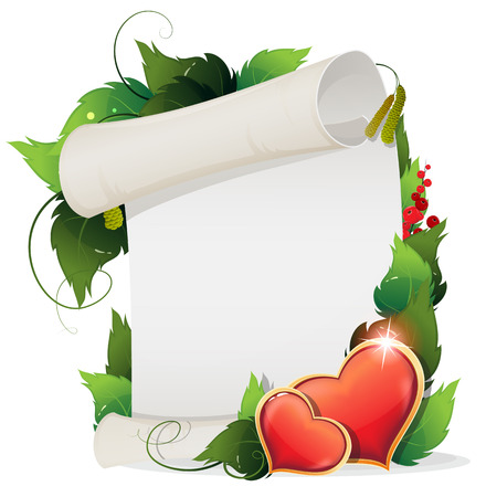 Valentine hearts, leaves and paper scroll on a white backgroundのイラスト素材