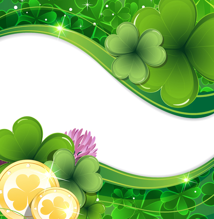 Gold coins and clover on white background.  St. Patrick's Day background.のイラスト素材