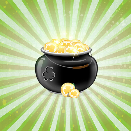 Leprechaun Pot with gold coins on a striped background  St  Patrickのイラスト素材
