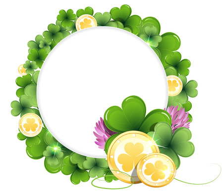 Gold coins on clover background with round place for text   St  Patrickのイラスト素材