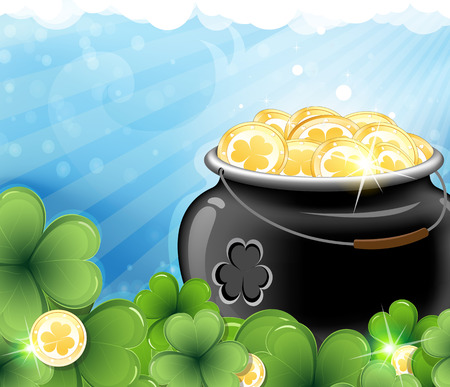 Pot with gold coins on abstract spring background  St  Patrickのイラスト素材