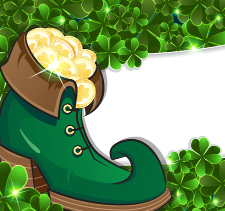 Leprechaun shoes with gold coins on clover backgroundのイラスト素材
