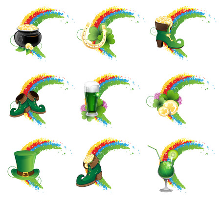 St. Patrick's Day icon set. Holiday symbols with rainbow on a white backgroundのイラスト素材