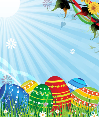 Painted Easter eggs on a sunny meadow with flowers のイラスト素材