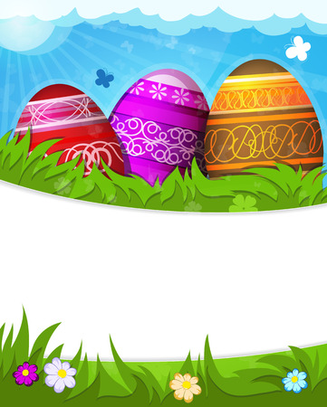 Red, purple and brown painted Easter eggs with abstract pattern  in the meadowのイラスト素材