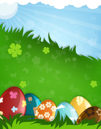 Colorful painted Easter eggs with abstract pattern  in the meadowのイラスト素材