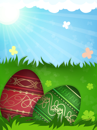 Red and green painted Easter eggs with abstract pattern  in the meadowのイラスト素材