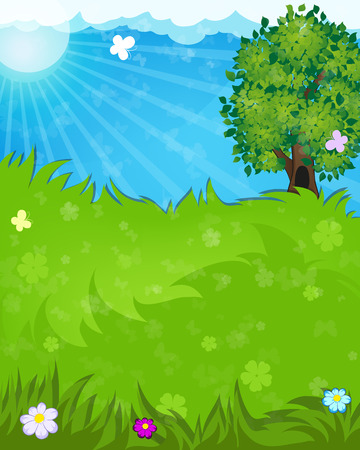 Tree, flowers and butterflies in the meadow. Summer landscape nature.のイラスト素材