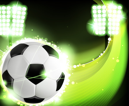 Soccer ball illuminated by spotlights on a green background. Abstract sports background. のイラスト素材