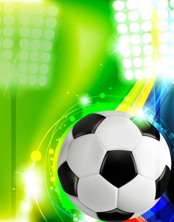 Soccer ball illuminated by spotlights on a green background. Abstract sports background. のイラスト素材