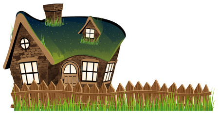 Stone house, fence and grass on a white backgroundのイラスト素材