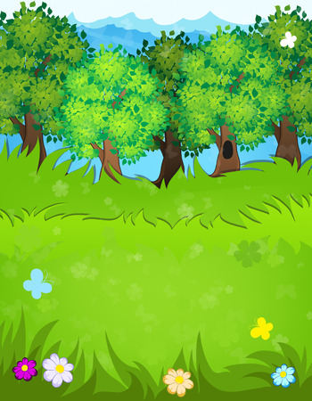 Trees, flowers and butterflies in the meadow. Summer landscape nature.のイラスト素材