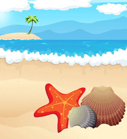 Sandy coast and foaming waves with cockleshells and starfish のイラスト素材