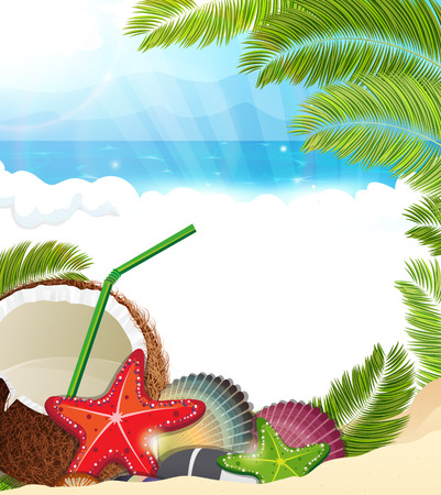 Sandy coast and foaming waves with palm branches, coconut cocktail and  starfishes のイラスト素材