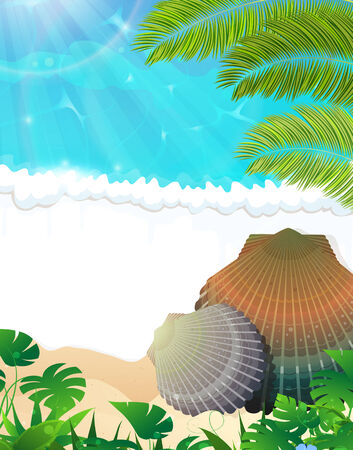 Sandy coast and foaming waves with seashells and palm branchesのイラスト素材