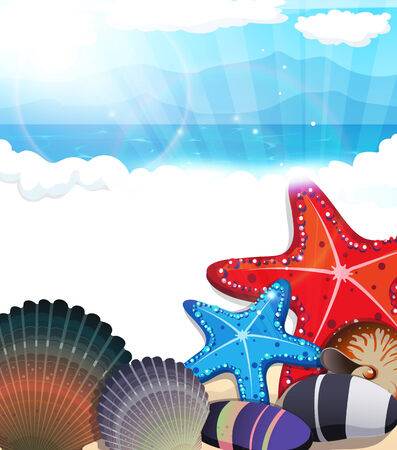 Sandy beach and ocean waves with starfish, shells and pebblesのイラスト素材
